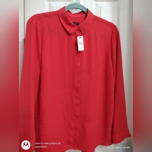 Talbots Large Petite button Down Blouse Peter Pan Career Red Orange Polyester